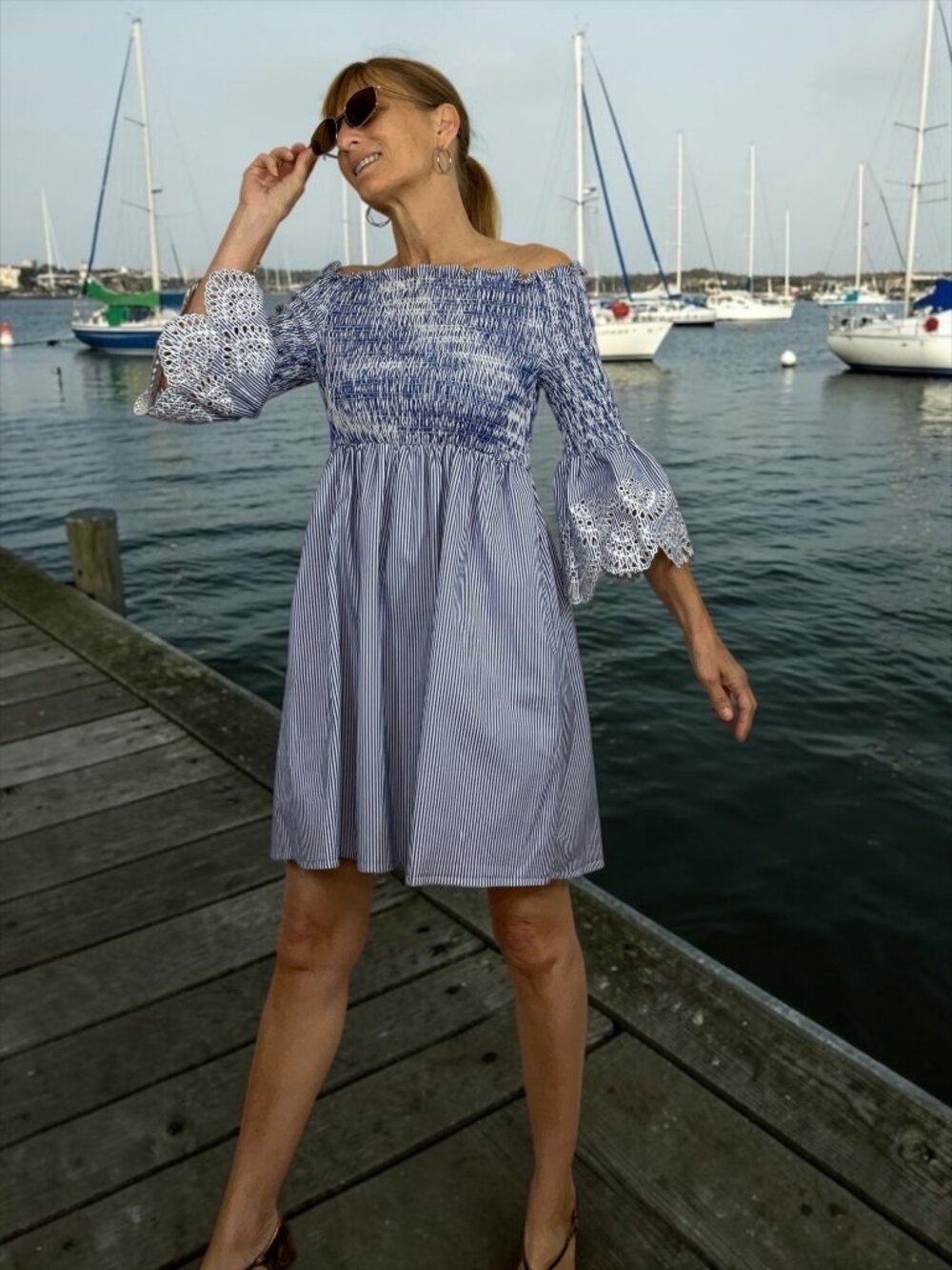 Ted Baker Noaah Embroidered Stripe Dress 3 US M Blue Off The Shoulder Mini